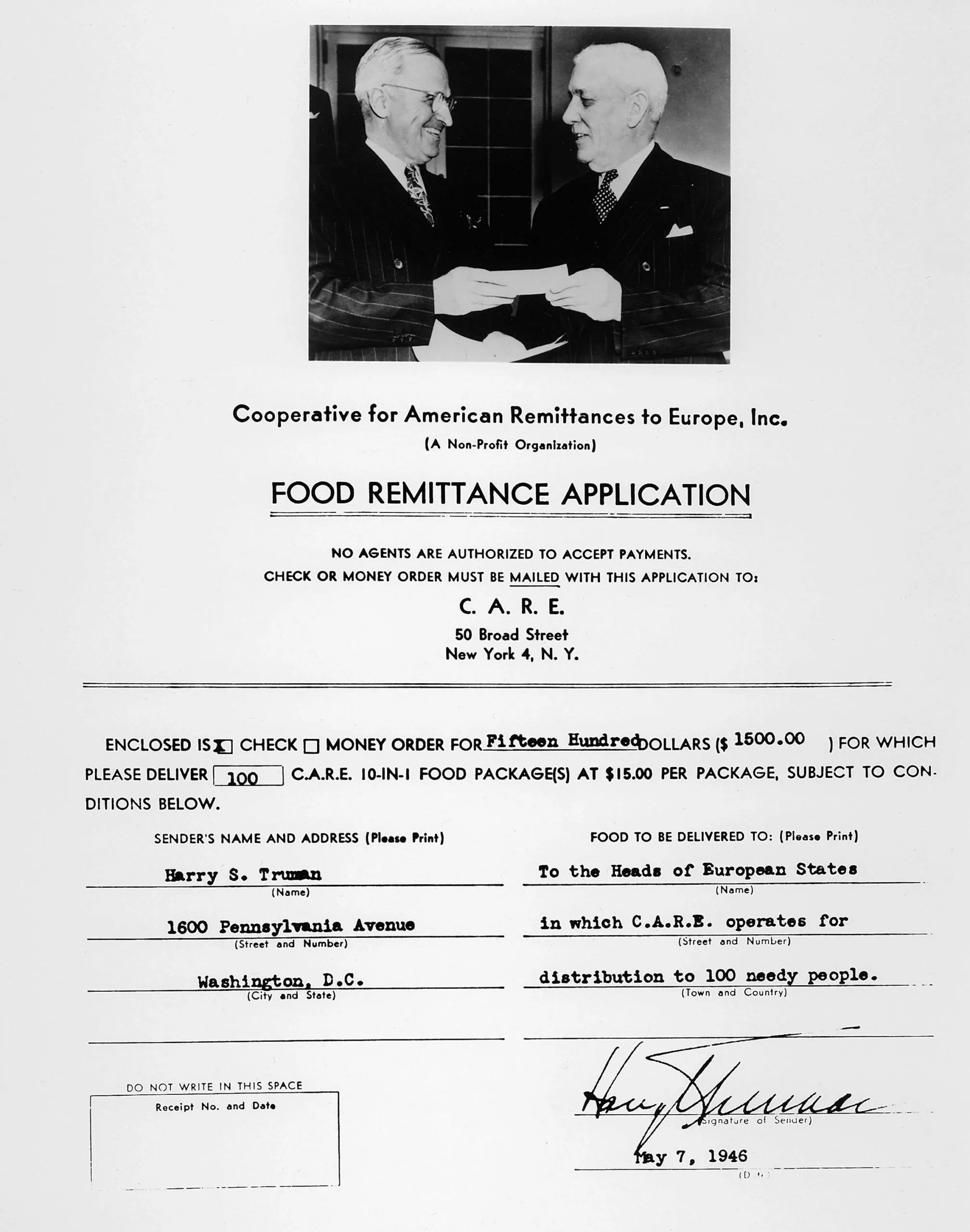 A historical document of a Food Remittance Application authorizing a $1,500 White House contribution to CARE, the 