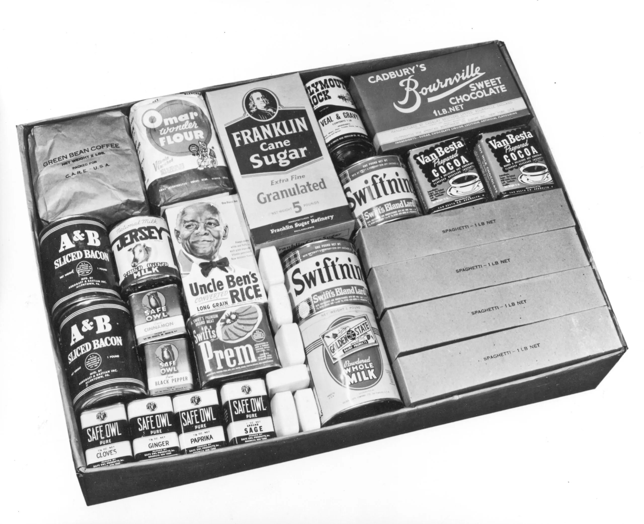 A black and white photo of an open CARE PACKAGE. The items inside the box include: cans of meat, a box of rice, seasonings, cocoa, chocolate, and more.