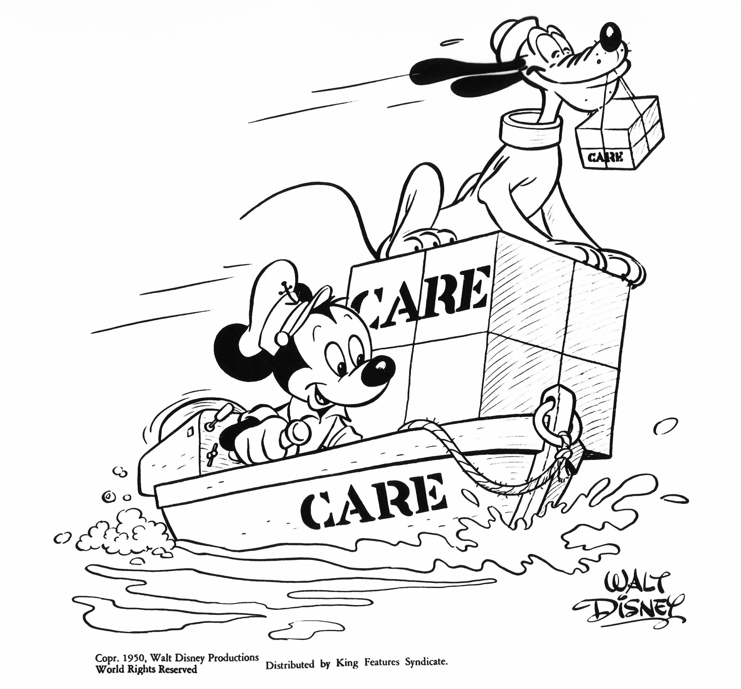 Cartoon of Mickey Mouse and Pluto delivering a CARE PACKAGE by boat.
