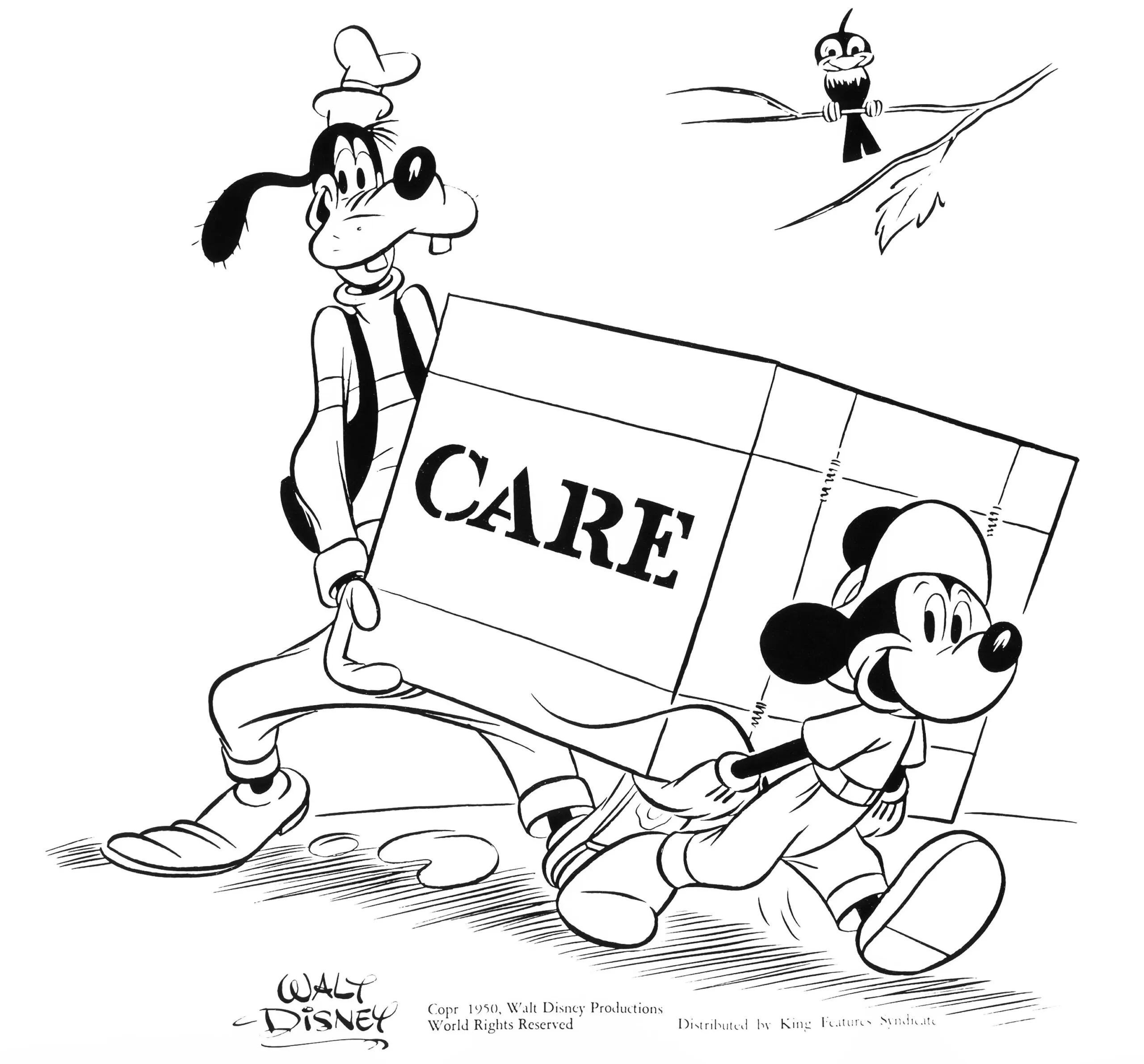 Cartoon of Mickey Mouse and Goofy carrying a CARE PACKAGE.
