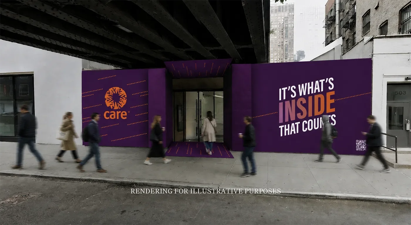A rendering showing people walking outside of a building wrapped in purple with a CARE logo.