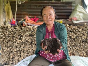 coconut farmer holding up soil