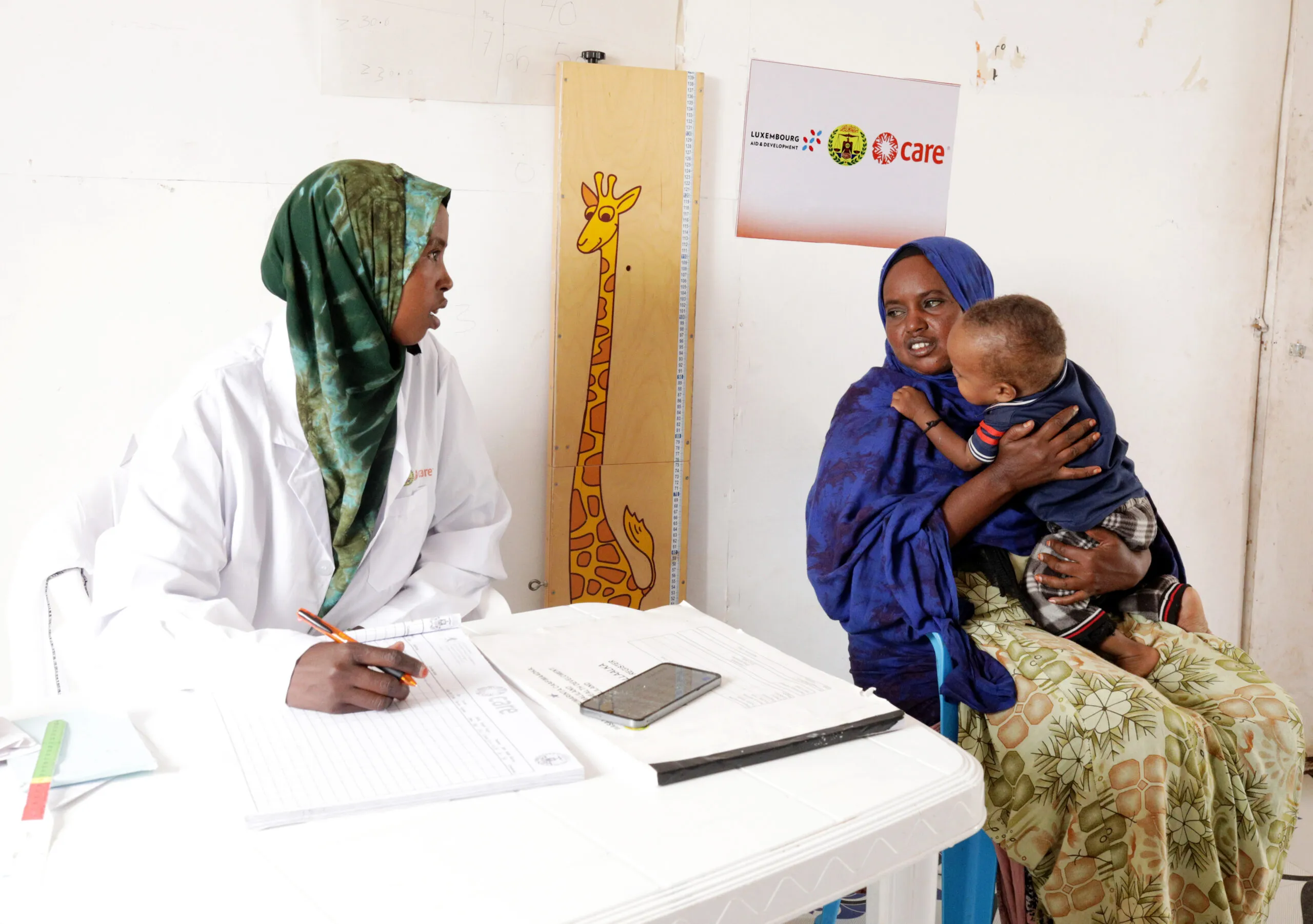 A healthcare professional in a green headscarf sits across a table from a mother and child in a health clinic in Somaliland.