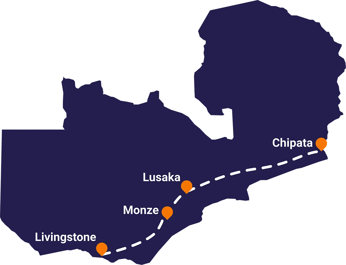 A map graphic showing highlighted cities along the southeastern part of Zambia
