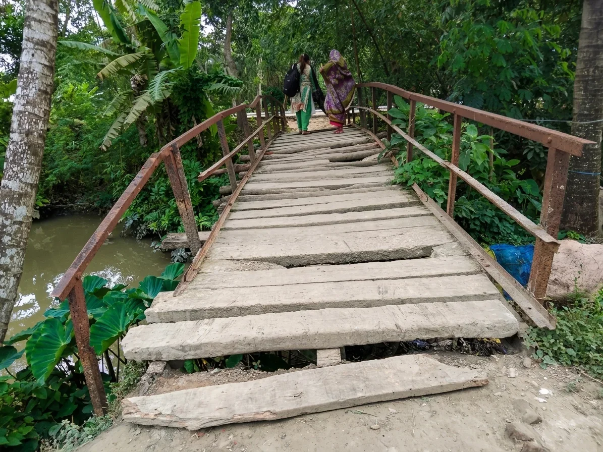 Two women walk across a worn wooden footbridge with metal railings spanning a small river in rural Bangladesh.